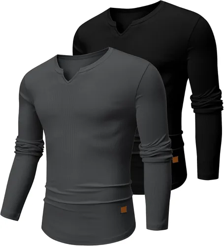Vista 30 de JMIERR Camisetas de manga larga para hombre, estilo casual, cuello en V Negro+Blanco