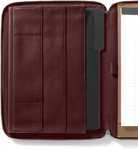 Vista 7 de Leatherology Cartera ejecutiva Burdeos con cremallera, bolsillo interior de piel de grano completo, bolsillo interior para tableta, lazo