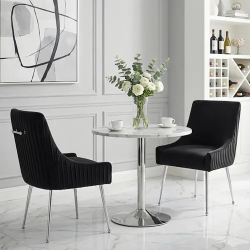 Vista 2 de Sillas de comedor de estilo moderno de terciopelo tapizado, silla de acento de tocador con barra vertical, silla capitonada con patas plateadas