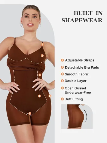 Vista 2 de Popilush Vestido midi negro para mujer con faja moldeadora integrada, vestidos de playa negros para verano, vestido ajustado para vacaciones