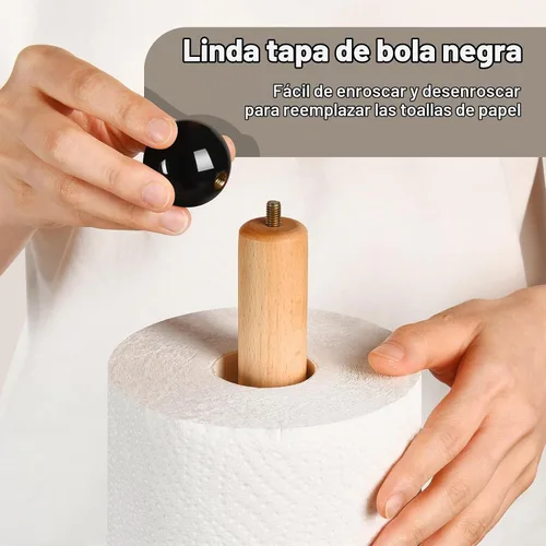 Vista 5 de Soporte para toallas de papel, soporte de rollo de cocina de madera (bola negra)