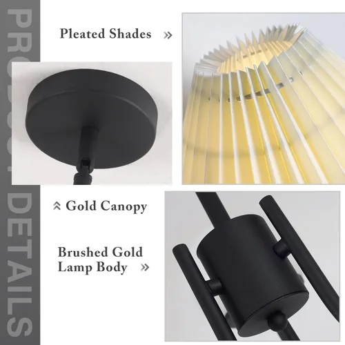Vista 3 de KCO Lighting Lámpara Colgante Plisada Vintage de 3 Luces Araña de Techo con Pantallas de Lámpara Pequeña Araña de Tela Negra y Blanca para Sala