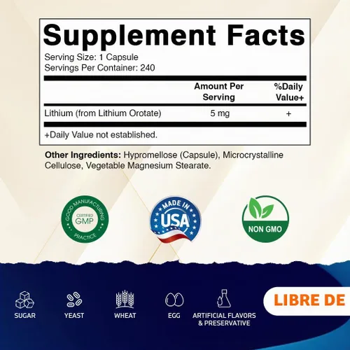 Vista 2 de Vitamatic Orotato de litio de 5 mg, 240 cápsulas vegetales, sin OMG, sin gluten.