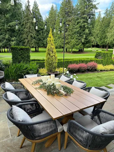 Vista 43 de PURPLE LEAF Juego de muebles para patio de 7 piezas, juego de mesa y sillas de mimbre para exteriores, marco rectangular de aluminio para jardín