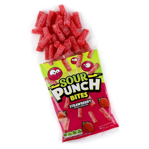 Vista 4 de Sour Punch Bites, sabor dulce de fruta de fresa, caramelo suave y masticable, bolsa de 5 onzas, paquete de 12