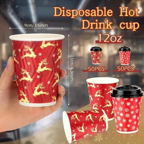 Vista 2 de Maxcheck 100 tazas de Navidad con tapa, taza de café desechables de 12 onzas a granel, papel de pared ondulado aislado para decoración de fiestas