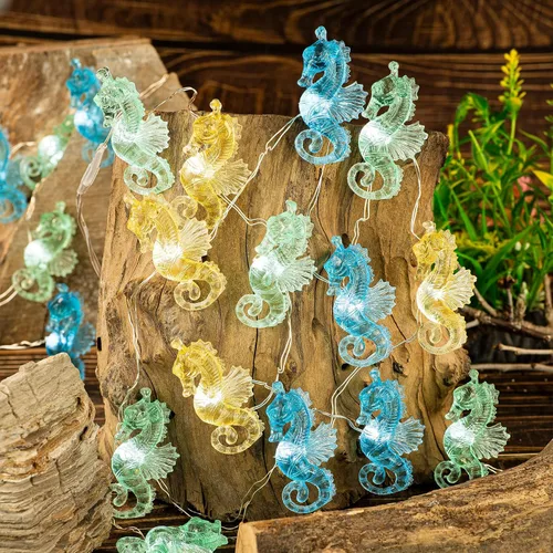 Vista 3 de Guirnalda de luces de caballito de mar con temática oceánica, 10 pies, 30 luces LED, funciona con pilas, decoración náutica costera de playa