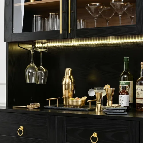 Vista 4 de Despensa arqueada de granja con estación de carga integrada e iluminación LED, almacenamiento de cocina de 74.8 pulgadas de alto con estantes