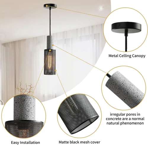 Vista 6 de Paquete de 1 lámpara colgante moderna con hormigón y pantalla de metal negro de 4 pulgadas, lámpara colgante industrial, iluminación de techo, isla