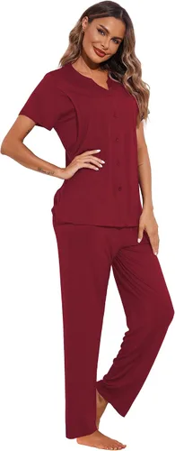 Vista 4 de Ekouaer Conjunto de pijama de maternidad para mujer conjunto de pijama de doble capa con bolsillos