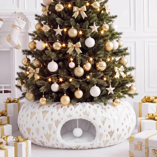 Vista 9 de Túnel de árbol de Navidad para gatos de 36 pulgadas, cama de dona, blanco