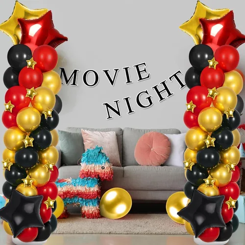 Vista 8 de 2 juegos de globos negros dorados y rojos, kits de soporte de columna de globos ajustables con 4 estrellas, guirnalda de noche de película, globos