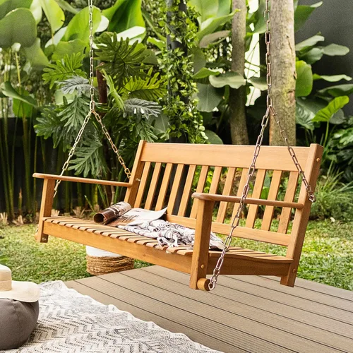 Vista 3 de Cambridge Casual Bentley - Columpio de madera de teca indonesia – Banco colgante de teca maciza al aire libre – Resistente a la intemperie, cómodo
