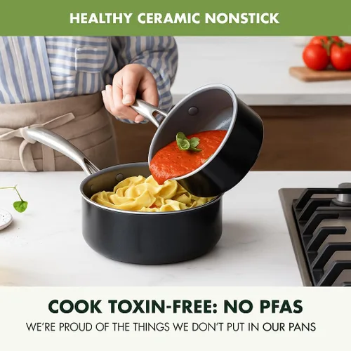 Vista 2 de GreenPan Swift Healthy - Juego de cacerolas antiadherentes de cerámica de 1 cuarto y 2 cuartos de galón, mango de acero inoxidable, sin PFAS, apto