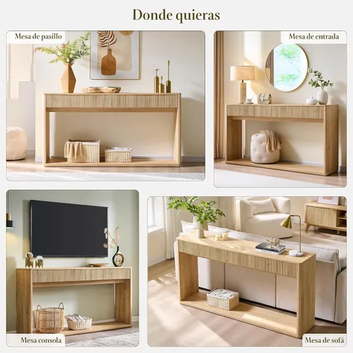 Vista 8 de OKD Mesa consola acanalada de 63" para entrada, mesa de entrada moderna con 2 cajones grandes, mesa de sofá larga detrás del sofá para sala de Roble