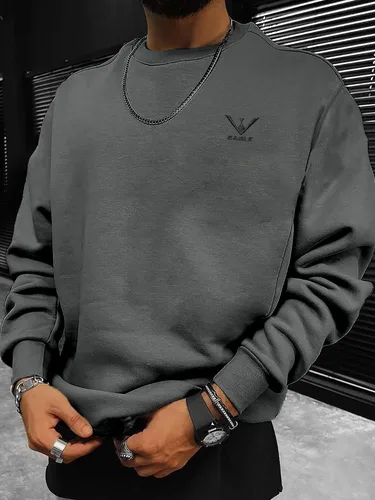 Vista 3 de GORGLITTER Sudadera con estampado gráfico de letras para hombre, con forro térmico, cuello redondo, manga larga