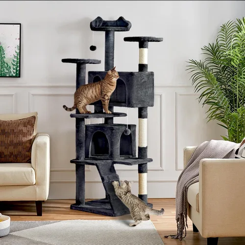 Vista 2 de Yaheetech Árbol para gatos de varios niveles para gatos grandes, con cómodos condominios para gatos de interior Multi-level activity center, Negro