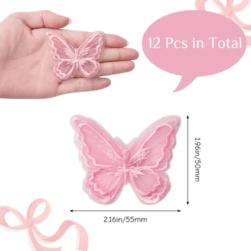 Vista 2 de Apliques de mariposa de encaje rosa para coser en parches de encaje de doble capa para accesorios de cabello de novia (rosa, 12 unidades)