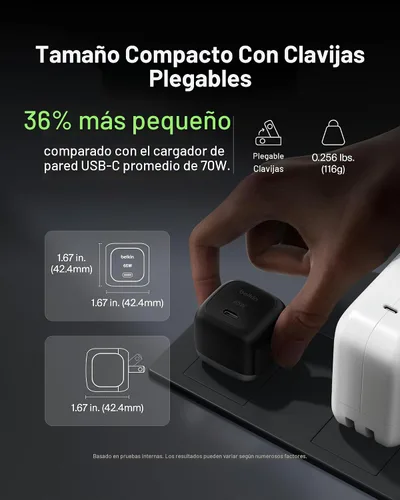 Vista 3 de Belkin Bloque de carga USB C de 65 W - Cable USB C incluido - Carga súper rápida, tipo C - Apple iPhone 17, Air, Pro, Samsung Galaxy S25, Google