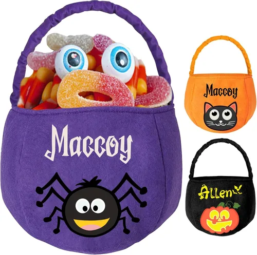 Vista 10 de Cubo de Halloween personalizado con nombre personalizado para trucos o tratos, bolsa de dulces personalizada para niños, bolsas de lona grandes