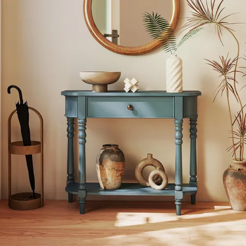 Vista 9 de Giantex Mesa consola de 2 niveles, mesa de entrada retro de 36 pulgadas con cajón de almacenamiento y patas elegantes, mesa de sofá de madera Azul