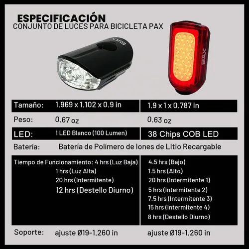 Vista 2 de PAX Juego de luces recargables para bicicleta de seguridad, luz delantera y trasera para bicicleta, estándar impermeable IPX4, modo de luz múltiple