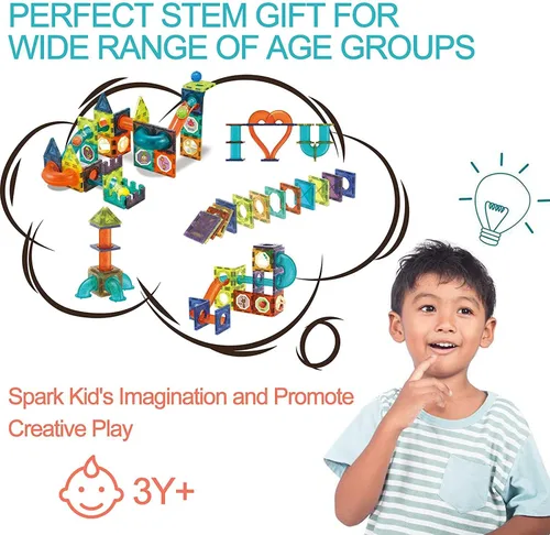 Vista 5 de UNIQUE KIDS Bloques de construcción de azulejos magnéticos con carrera de mármol iluminada y bola LED, juguetes STEM STEAM para niños de 3 a 10 años