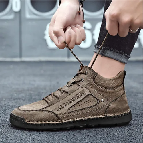 Vista 4 de PURCHAWEE Zapatos de senderismo de cuero para hombre, botas Chukka, costura a mano, antideslizantes, buen soporte de arco, zapatos casuales