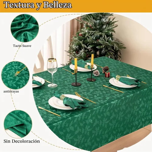 Vista 3 de Mebakuk Mantel de Jacquard de Navidad, impermeable, elegante, con patrón floral de damasco, mantel de peso pesado limpiable sin arrugas Verde