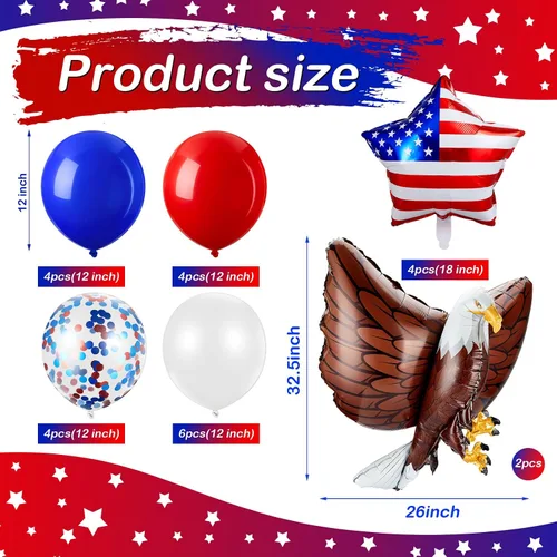 Vista 2 de 24 globos patrióticos de águila con el número 250 aniversario, globos rojos, blancos y azules, decoraciones de fiesta del 4 de julio, globos grandes