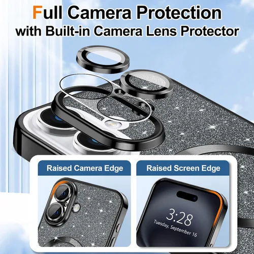 Vista 114 de Hython para iPhone 15 Plus Funda con chispas brillantes, Fundas transparentes magnéticas con protector de lente de cámara [Compatible con MagSafe]