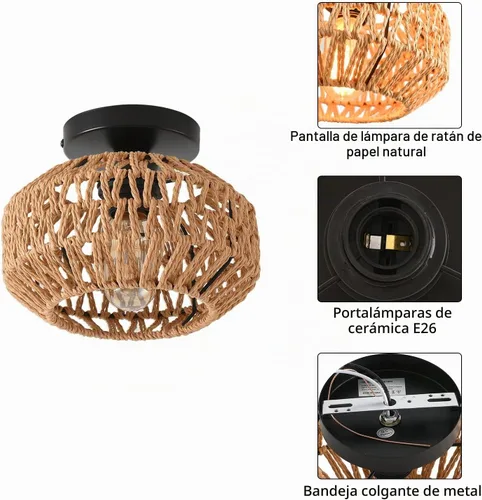 Vista 7 de 1 paquete de lámparas de granja para montaje en techo, mini lámpara de techo de ratán bohemio semiempotrada, accesorios de luz de pasillo tejidos a