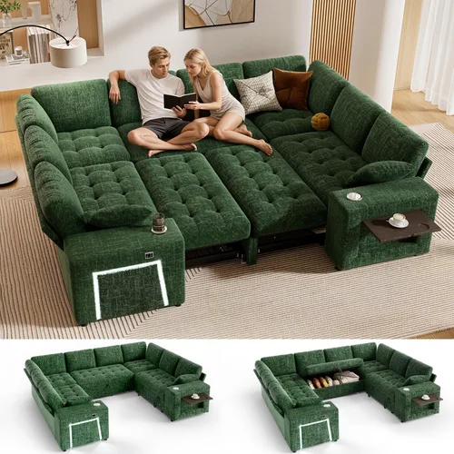 Vista 9 de Vipbear Sofá cama modular de 111 pulgadas con cama extraíble, sofá en forma de L de felpilla de 7 asientos con diván de almacenamiento, puertos USB