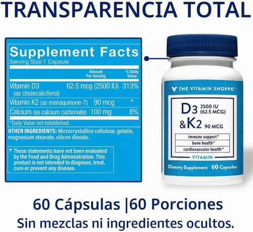 Vista 8 de The Vitamin Shoppe Brand Vitamina D3 2500 UI y K2 90 MCG, 60 cápsulas