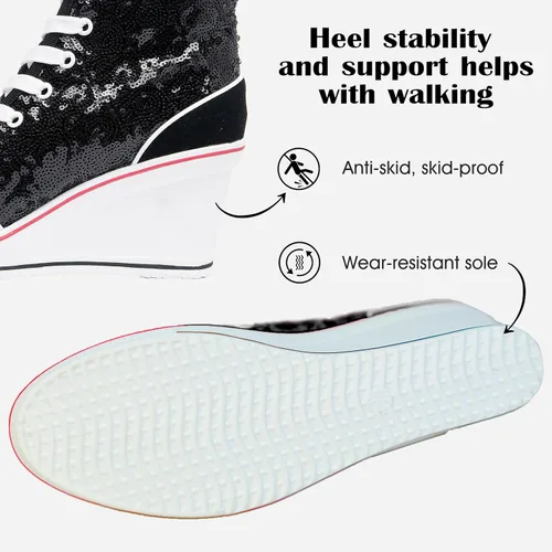Vista 3 de Zapatos de lona de tacón alto para mujer, zapatos casuales de moda, tenis brillantes para caminar, plataforma, cuñas, zapatos de tacón