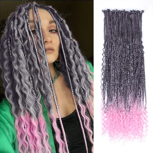 Vista 57 de Extensiones de rastas trenzadas bohemias de 24 pulgadas, 10 hebras de rastas sintéticas rizadas color marrón degradado con trenza de caja, rastas