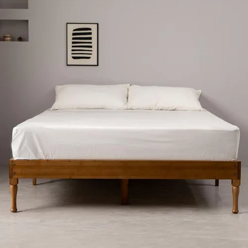 Vista 3 de Marco de cama de plataforma de madera de bambú de 14 pulgadas, soporte de listones de madera, no necesita somier, fácil montaje, café, tamaño Queen