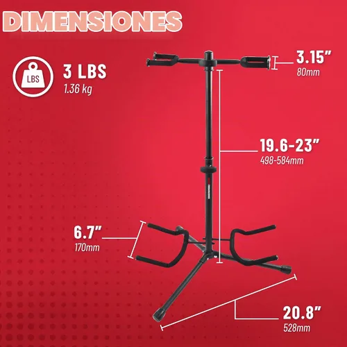 Vista 6 de Gator Frameworks Soporte de guitarra doble ajustable; Sostiene dos guitarras eléctricas o acústicas (GFW-GTR-2000), negro