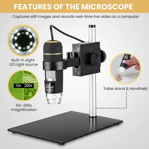 Vista 2 de AmScope UTP200X003MP Microscopio digital USB de 2 MP, aumento de 200X 10X-200X Rango de Aumento 003MP Sensor CMOS USB 2.0 Conectividad LED Anillo