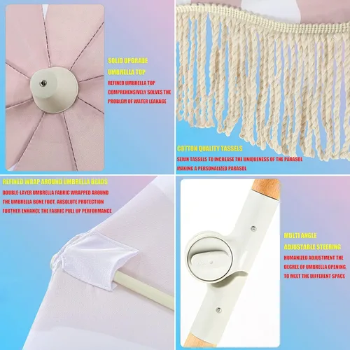 Vista 4 de CHEVVY Sombrilla de rayas blancas y rosadas de 6.6 ft, sombrilla de poliéster para exteriores con flecos, poste de madera de playa, orientable 78.7
