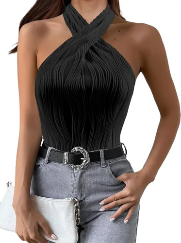Vista 3 de SOFIA'S CHOICE Camiseta sin mangas sexy con cuello halter para mujer, con textura cruzada