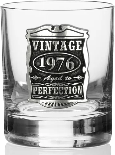 Vista 4 de English Pewter Company Vintage Years 1976 - Vaso de vidrio para 50 cumpleaños o aniversario, diseño de whisky Rocks, idea de regalo única