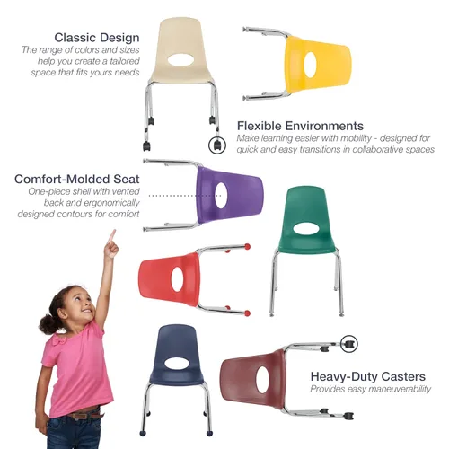 Vista 7 de FDP - Silla escolar móvil de 18 pulgadas con ruedas para niños, adolescentes y adultos, asiento ergonómico para aprendizaje en casa, aula u oficina