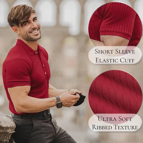 Vista 2 de Camisas polo musculares para hombre, manga corta, ajustadas, camisetas de golf para hombre, camisetas casuales de ajuste seco, camisas de bolos