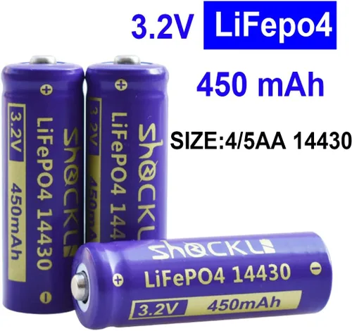 Vista 4 de Shockli 14430 - Batería solar recargable LiFePo4 de 3.2 V 450 mAh para luz solar de paisaje, más corta que AA!