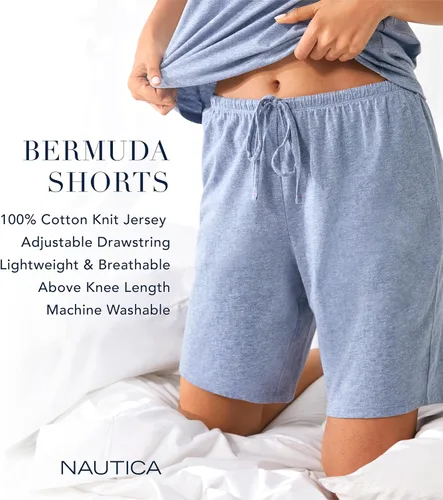 Vista 4 de Nautica Bermudas de dormir para mujer, ligeros, transpirables, de punto de algodón, ropa de dormir y ropa de descanso