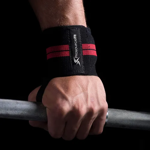 Vista 3 de ProsourceFit Par de muñequeras para levantamiento de pesas con barra con lazo para el pulgar, color rojo