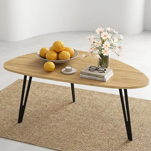 Vista 10 de Manora Mesa de Café Moderna y Simple de Madera con Patas de Metal Negro, Mesa de Té Ovalada para Sala de Estar u Oficina, Mesa Central Compacta