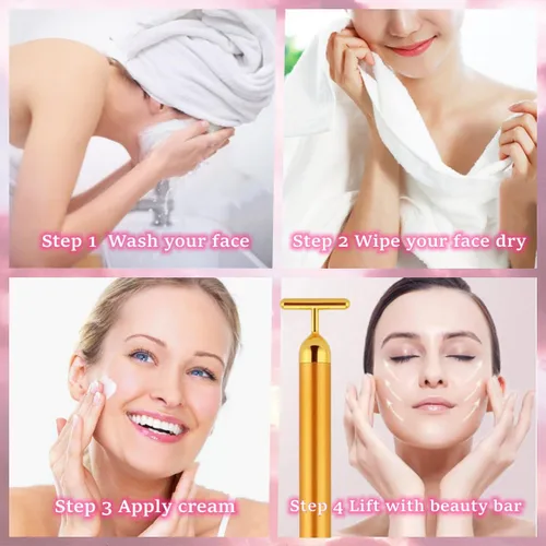 Vista 3 de Beauty Bar - Rodillo masajeador facial de oro de 24 quilates, rodillo 3D eléctrico 2 en 1 y barra de belleza energética en forma de T