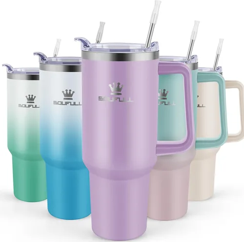 Vista 13 de Vaso de 40 onzas con asa y tapa con popote, taza de café de viaje 100% a prueba de fugas, taza aislada de acero inoxidable para bebidas frías